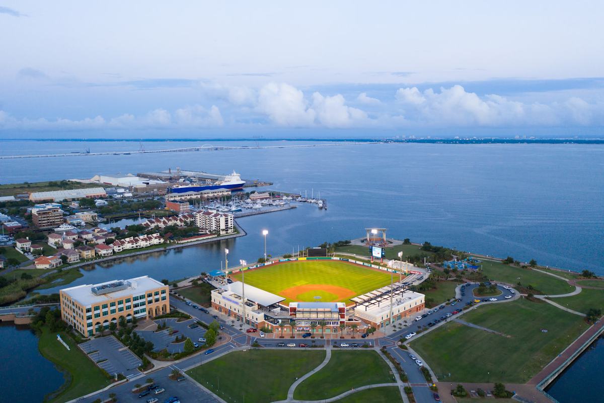 Aerial view of the Pensacola waterfront and Community Maritime Park